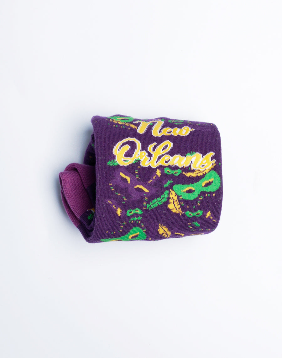 New Orleans Printed Ladies Crew Socks - Purple Color Mardi Gras Masquerade Socks