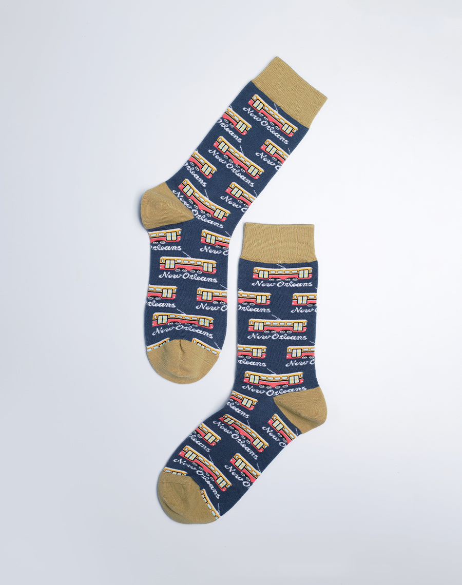 New Orleans Printed Streetcar Crew Socks  - Navy Blue Color Socks