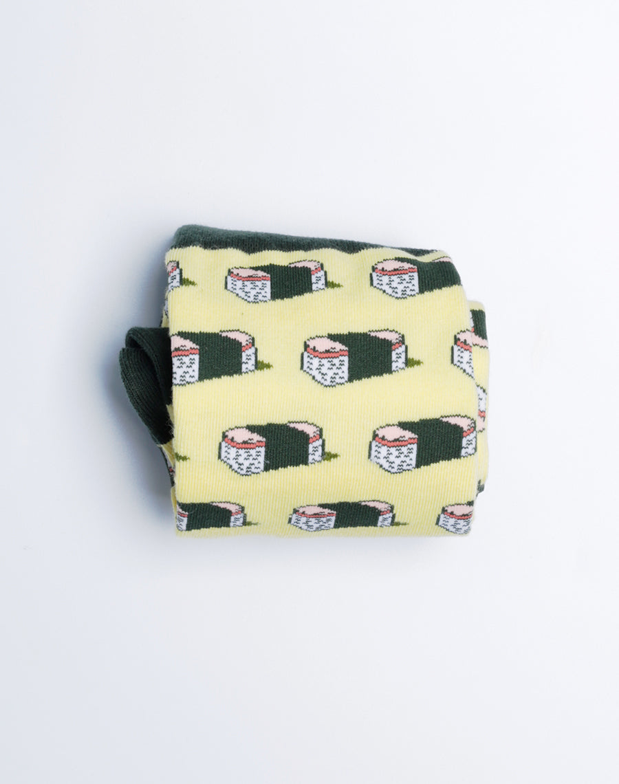 Spam Musubi Hawaiian Food Printed Socks - Yellow Cotton Made Socks