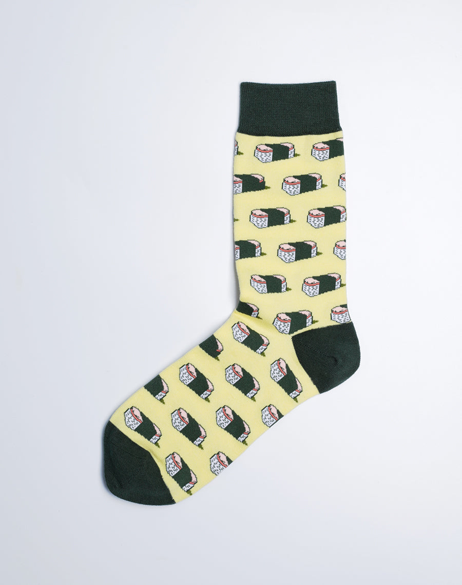 Musubi Hawaiian Crew Socks (Yellow and Blac) - Food Print Cotton Socks for Ladies