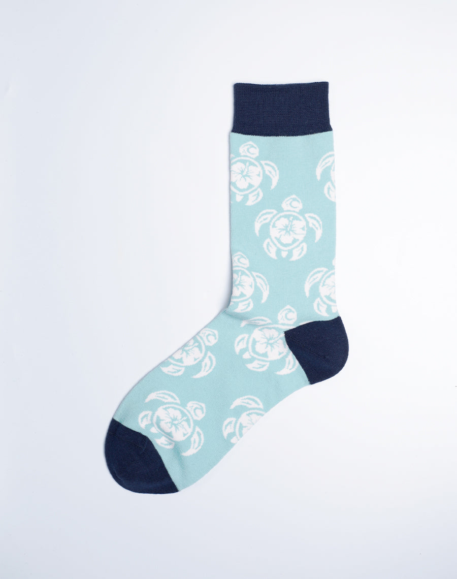 Women's Tribal Turtle Tropical Crew Socks - Serene Blue Color White Turtle Print Socks