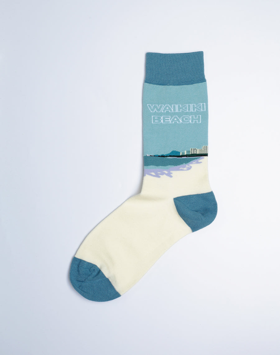 Waikiki Beach Printed Crew Socks for Women - Blue White Socks