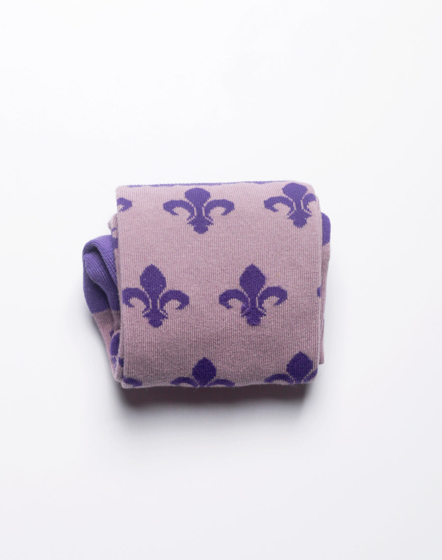 Women's crew socks in purple with repeating fleur de lis design