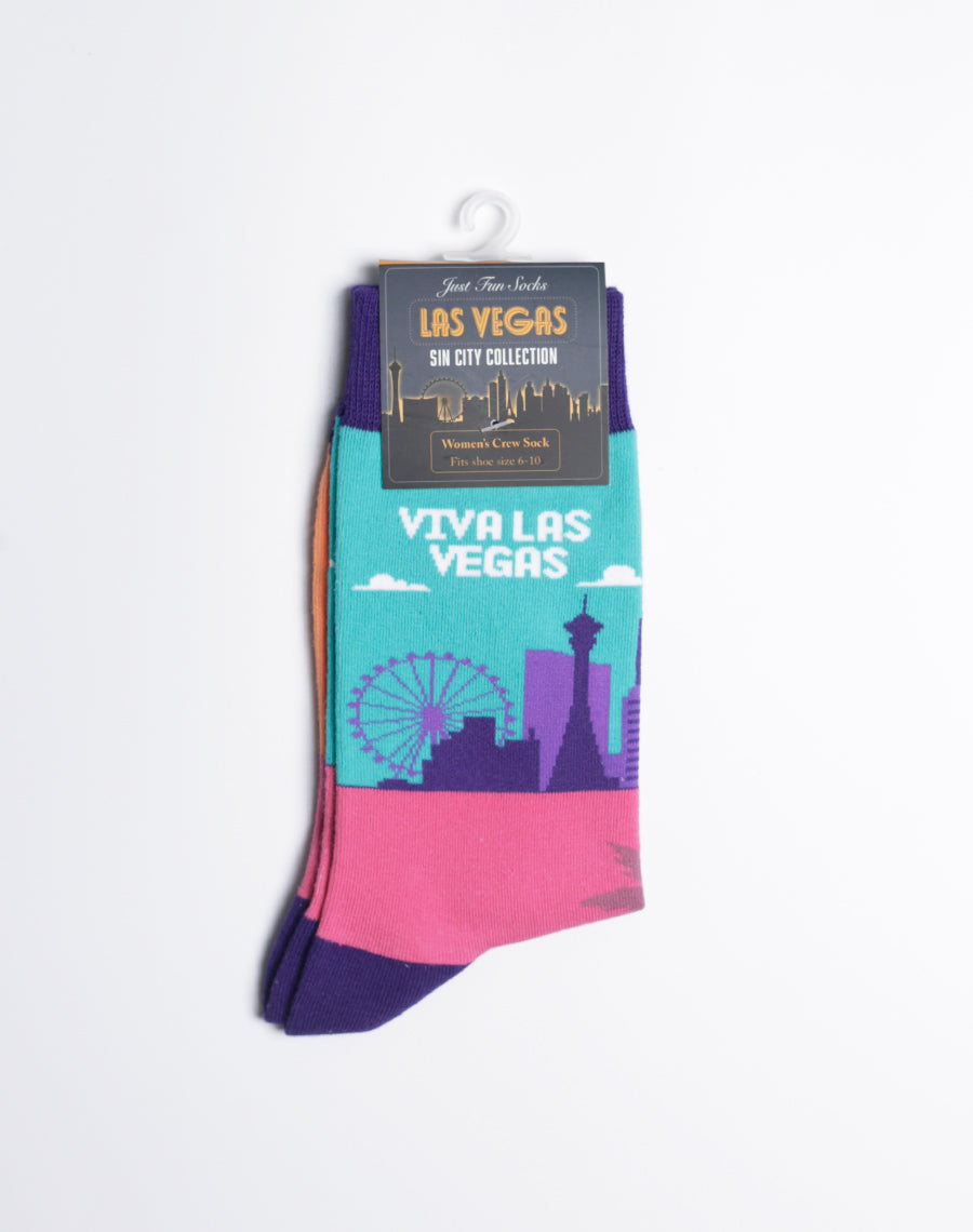 Colorful 'Viva Las Vegas' socks for women, featuring a desert sunset palette with iconic Las Vegas landmarks and palm tree silhouettes.