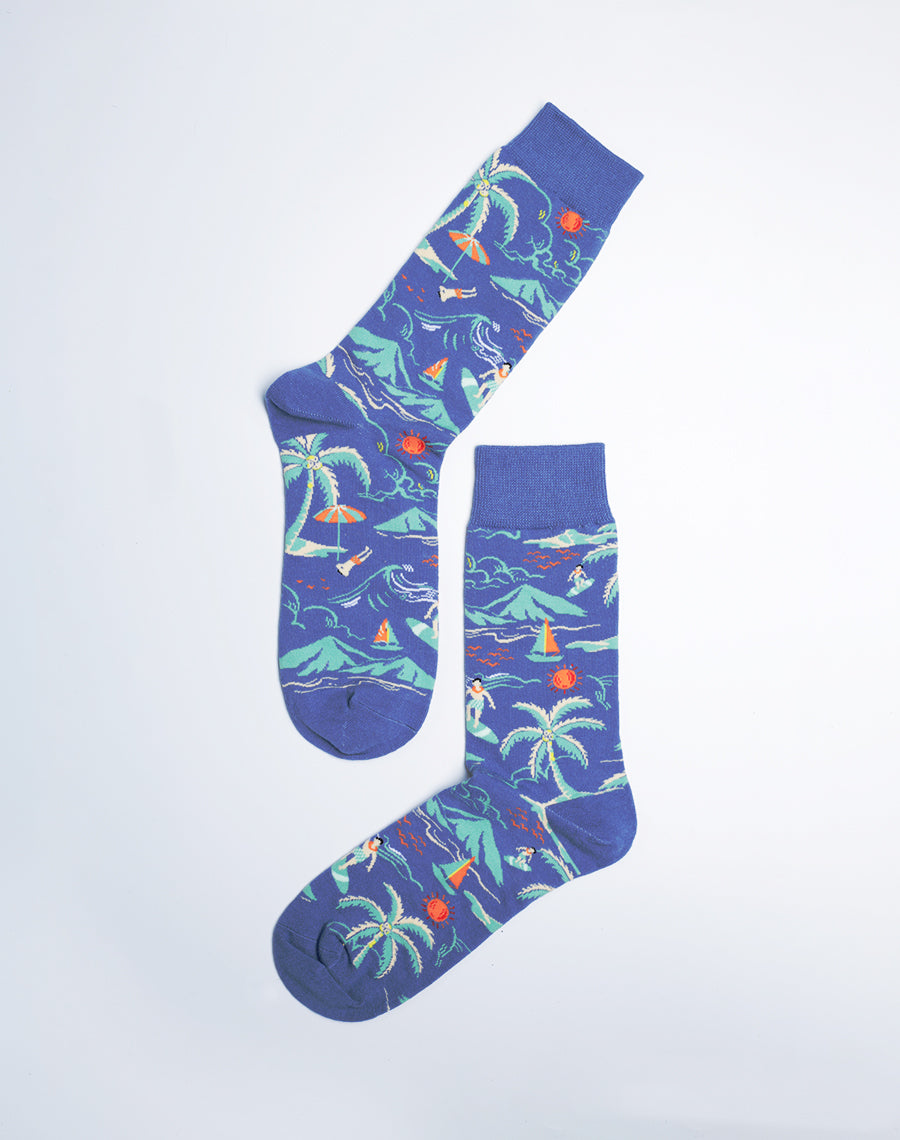 Tropical Beach Day Crew Socks for Women - Blue Color 