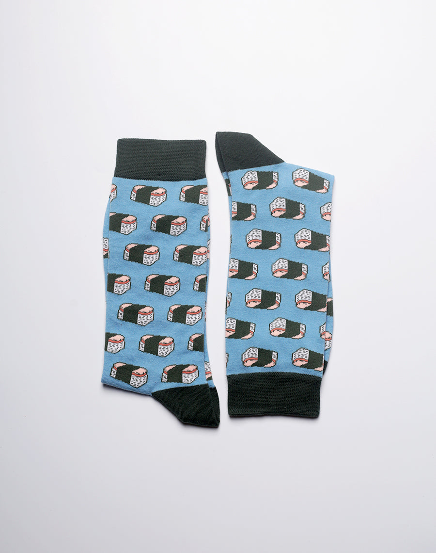 XL blue crew socks featuring spam musubi graphics